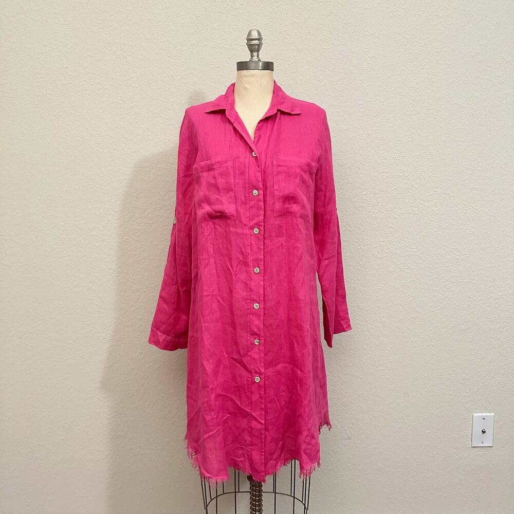 MILIO MILANO Shirt Dress Womens XS Hot Pink Linen Midi Roll Tab Sleeve Fringed